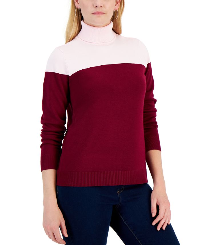 Black And Red Color Block Turtleneck Sweater