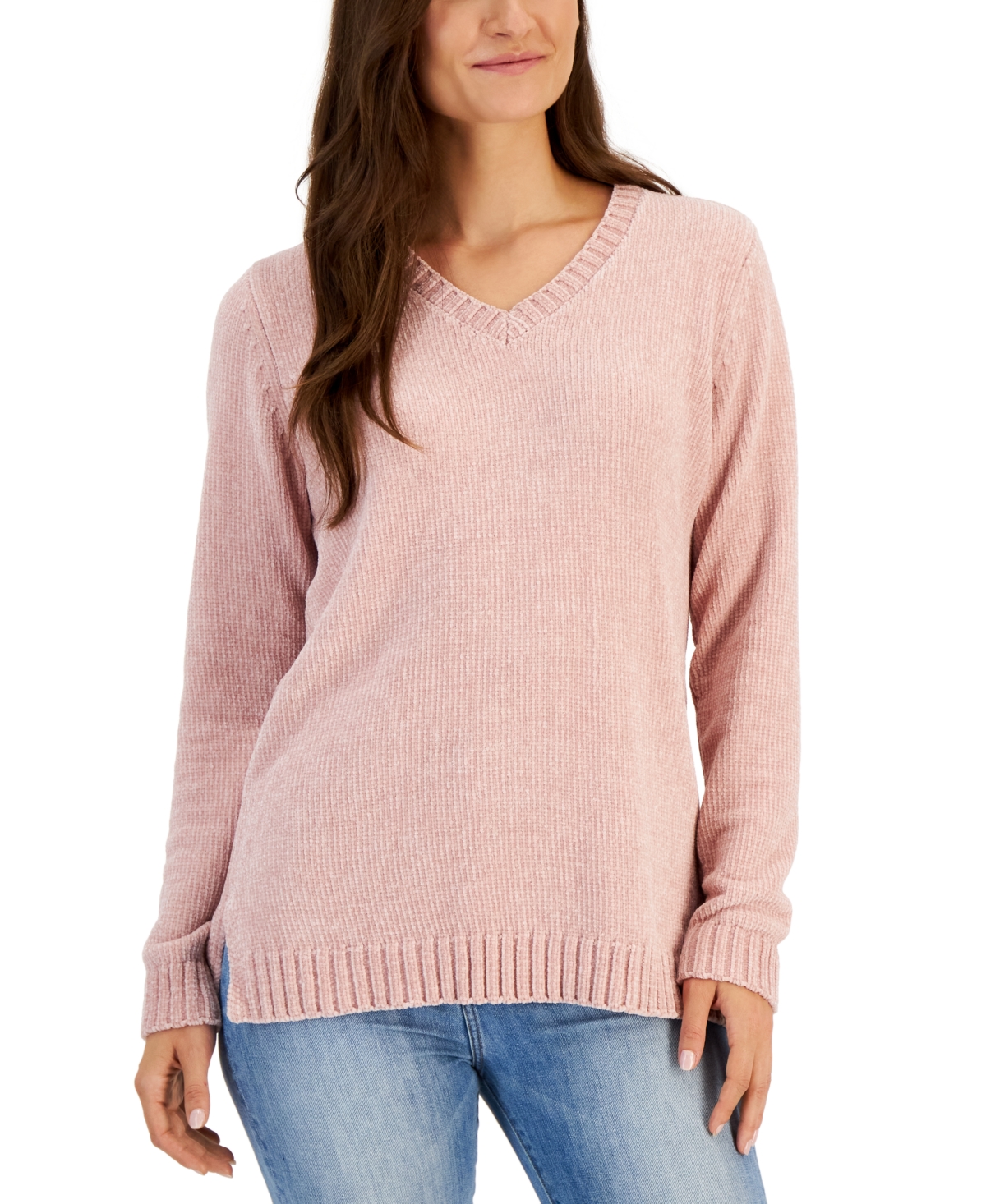 Women's V-Neck Chenille Sweater, Created for Macy's - Blush