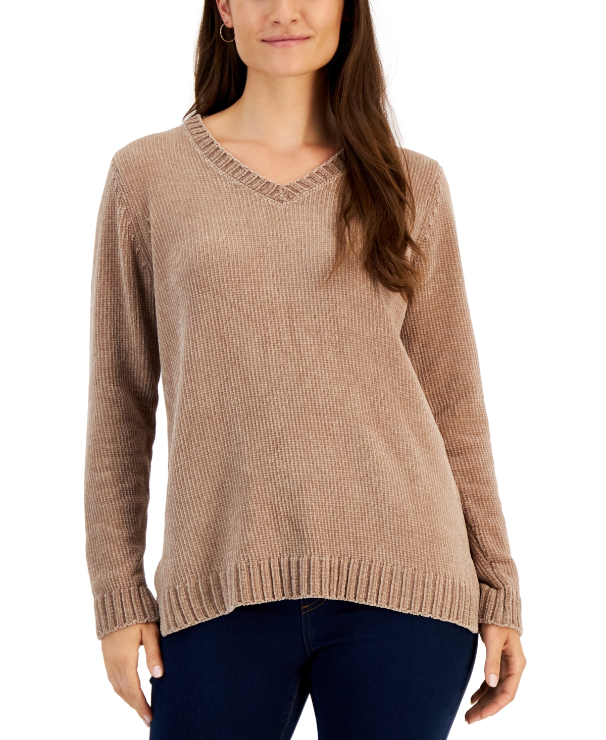 Women's V-Neck Chenille Sweater, Created for Macy's - Chestnut