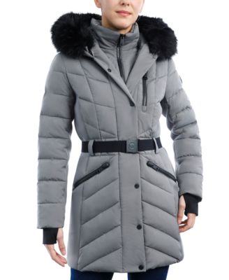 Belted Faux-Fur-Trim Hooded Puffer Coat 