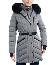 Women's Belted Faux-Fur-Trim Hooded Puffer Coat, Created for Macy's