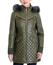 Women's Faux-Fur-Trim Hooded Quilted Coat