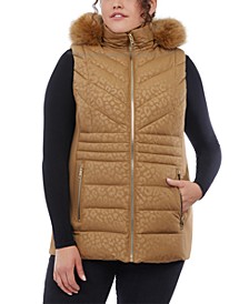 Plus Size Embossed Faux-Fur-Trim Hooded Puffer Vest