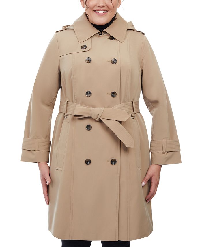 London Fog Women's Plus Size Hooded Double-Breasted Trench Coat ...