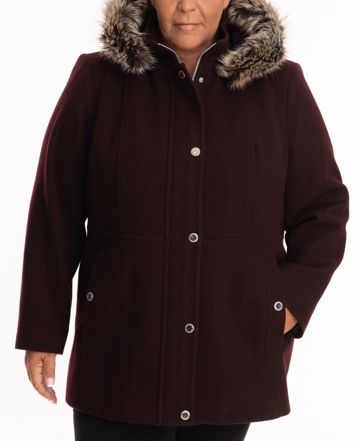 London Fog Plus Size FauxFurTrim Hooded Coat Smart Closet