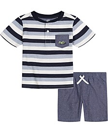 Toddler Boys Striped Henley T-shirt and Chambray Shorts, 2 Piece Set
