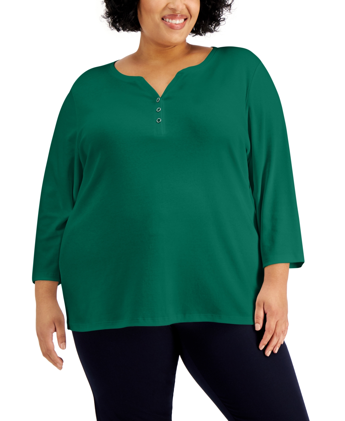 Karen Scott Plus Size 3/4-sleeve Henley Top, Created For Macy's In Marine Green