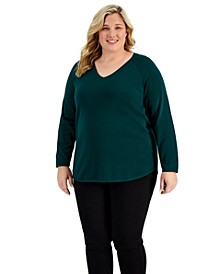 Plus Size Cotton V-Neck Curved-Hem Sweater, Created for Macy's