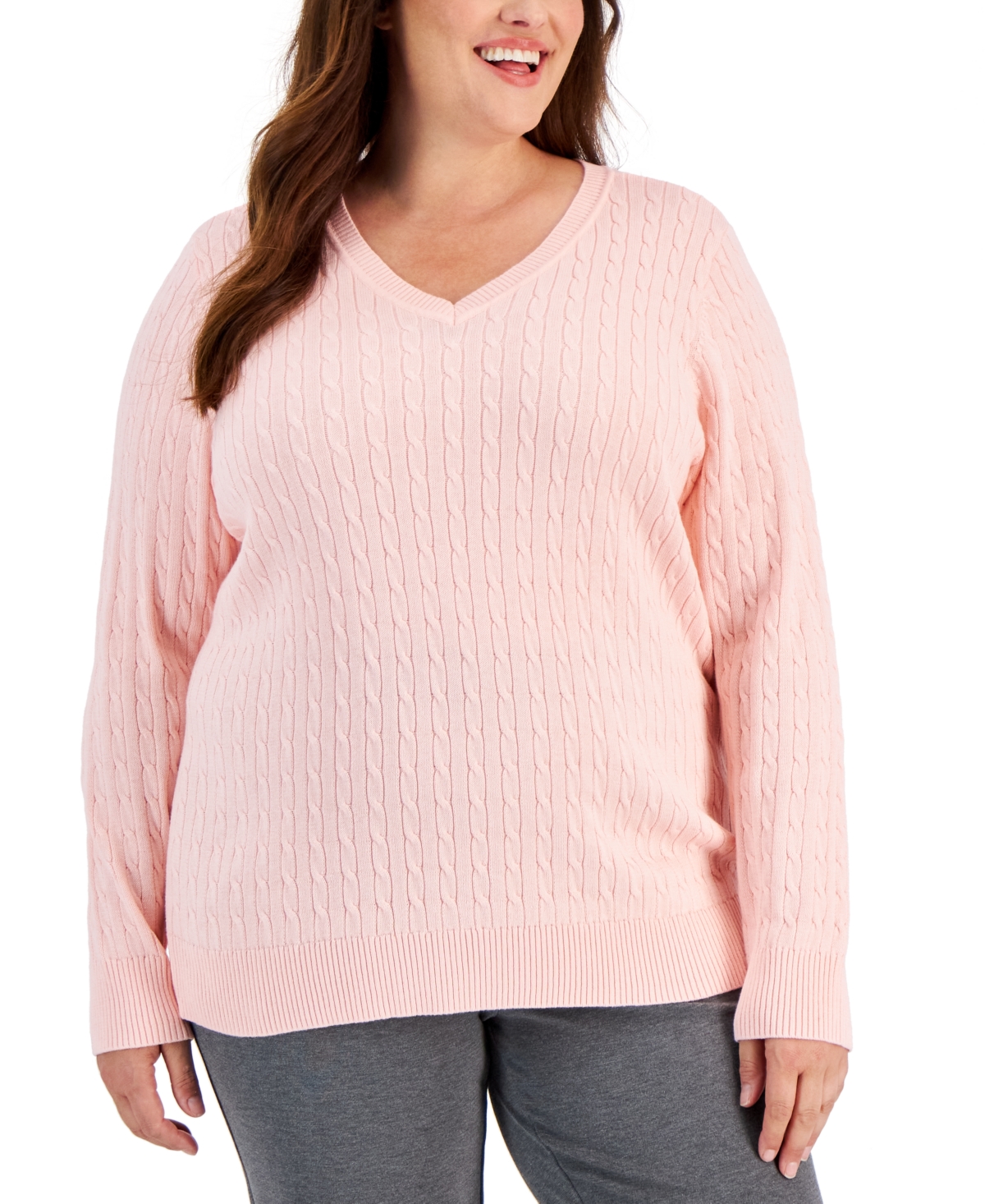 Plus Size Cable-Knit V-Neck Sweater, Created for Macy's - Soft Pink