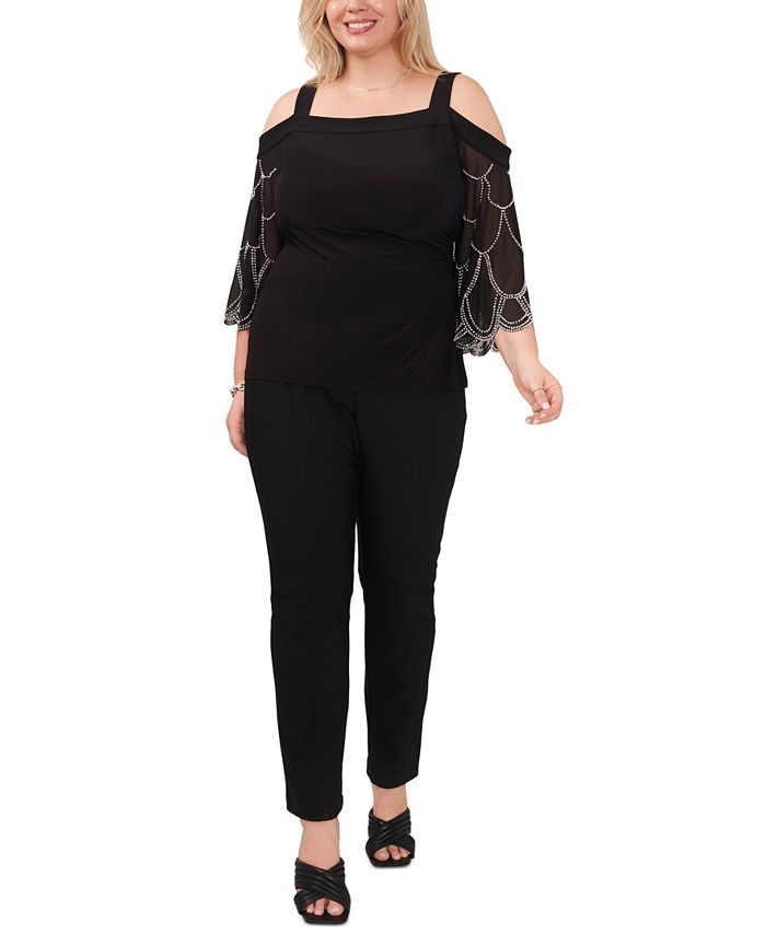 MSK Plus Size Cold-Shoulder Beaded-Sleeve Top - Macy's