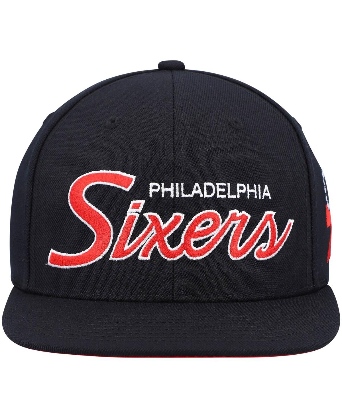 Shop Mitchell & Ness Men's  Black Philadelphia 76ers Hardwood Classics Script 2.0 Snapback Hat