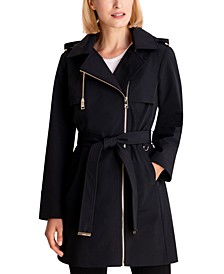 Women's Petite Hooded Asymmetric Belted Raincoat, Created for Macy's