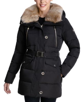 Michael Kors - Petite Belted Faux-Fur-Collar Down Puffer Coat