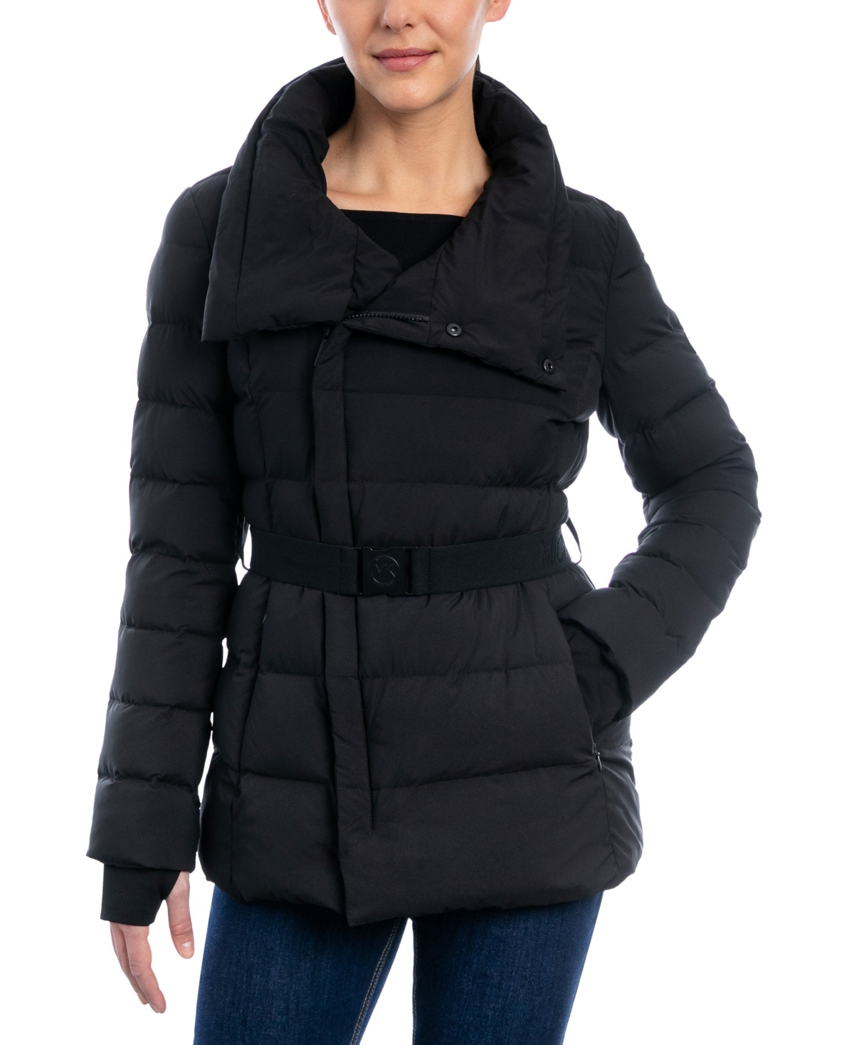 Michael Kors Michael  Women's Plus Size Stretch Asymmetrical Belted Packable Down Puffer Coat In Black