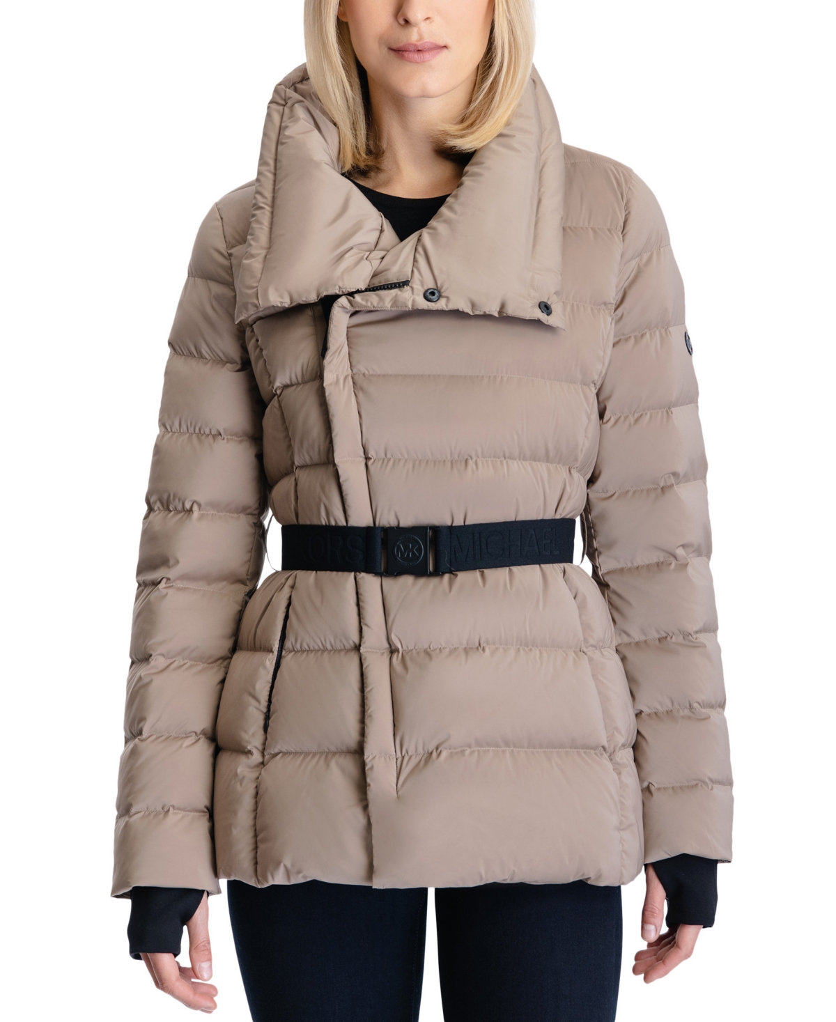 Michael Kors Michael  Women's Plus Size Stretch Asymmetrical Belted Packable Down Puffer Coat In Taupe