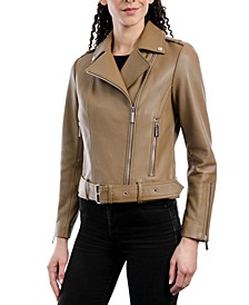 Women's Petite Belted Leather Moto Jacket