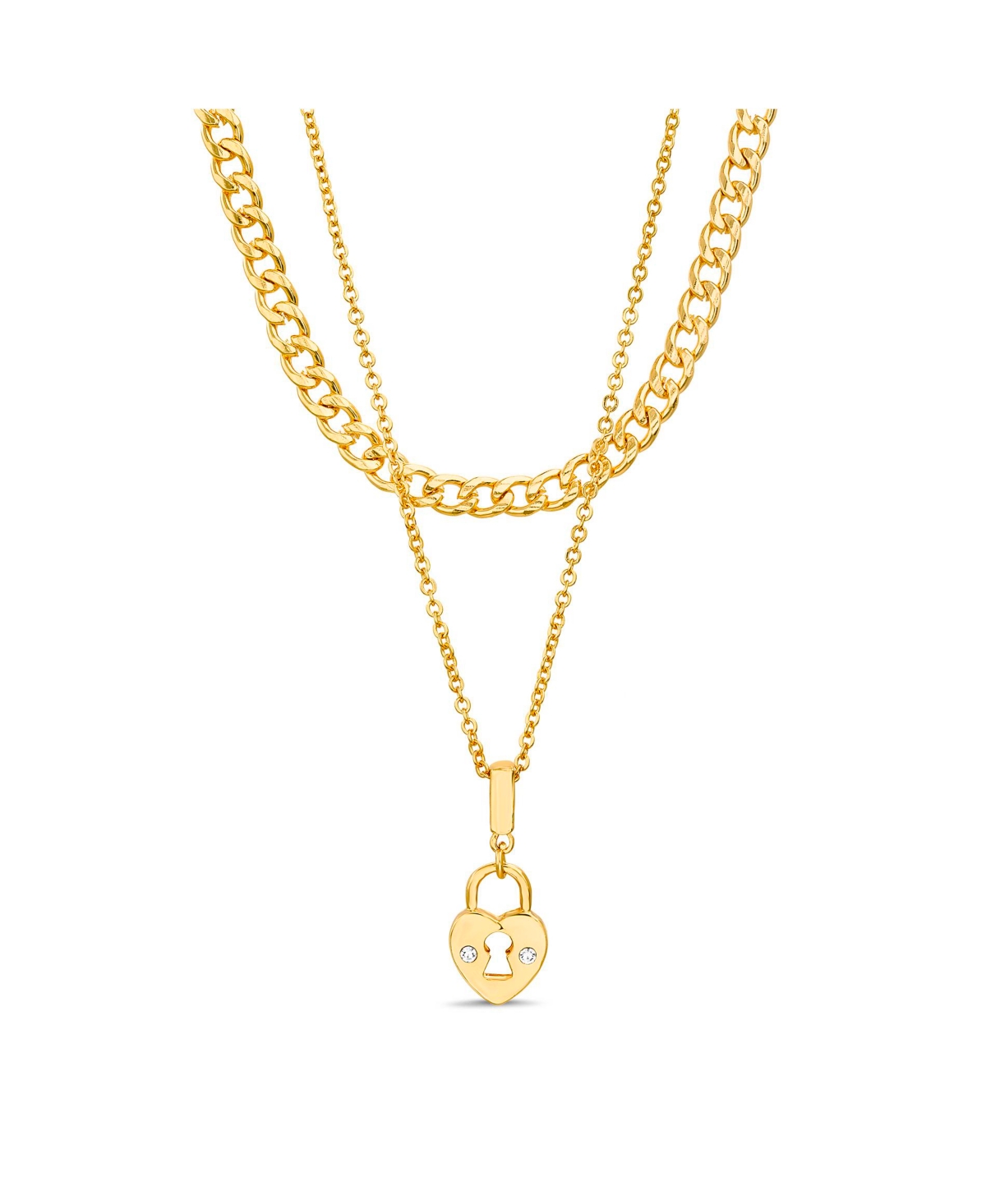 Rhinestone Double Layered Heart Lock Necklace Set - Yellow Gold-Tone