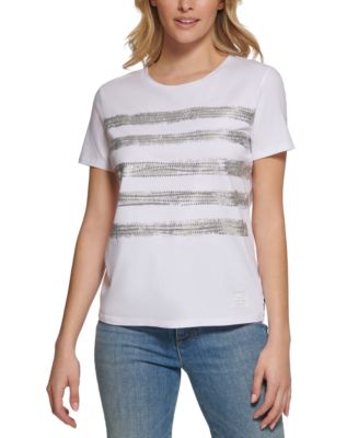 Karl Lagerfeld Paris Women's Sequin Stripe T-Shirt - Macy's