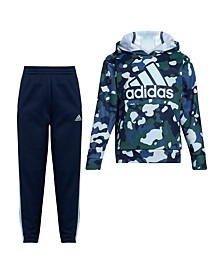 Little Boys Long Sleeves Camo Fleece Hooded Pullover and Pants, 2-Piece Set