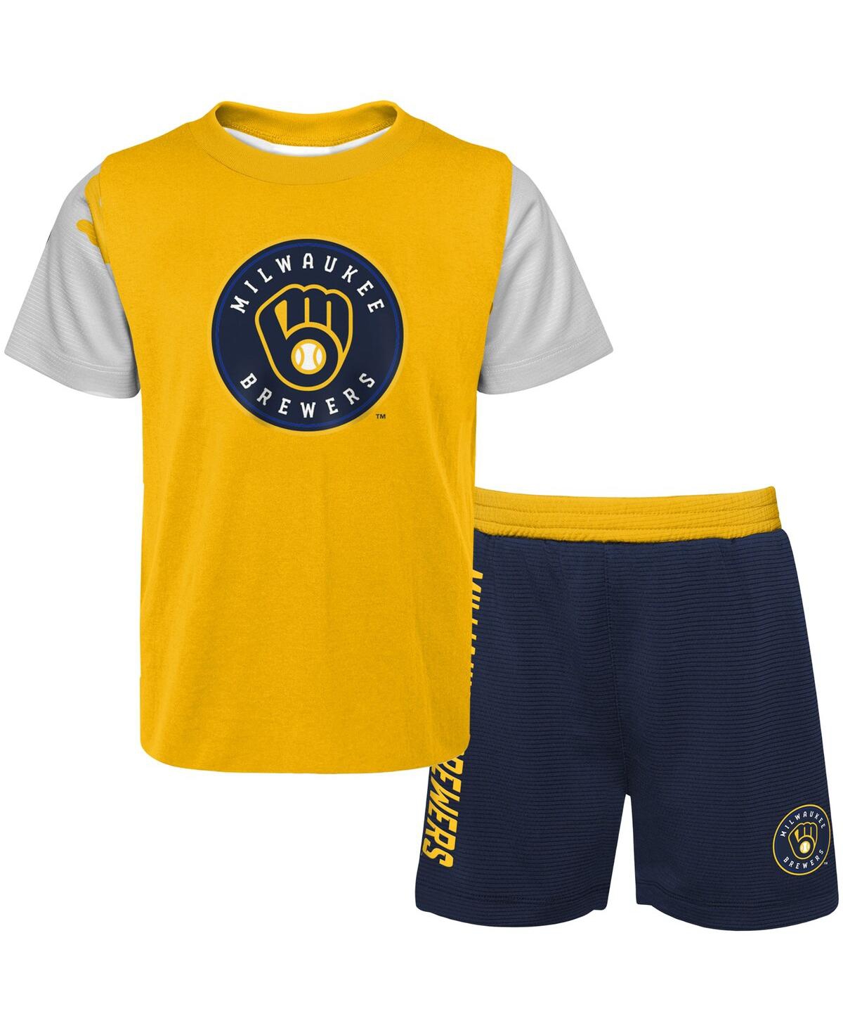 Shop Outerstuff Newborn And Infant Boys And Girls Gold, Navy Milwaukee Brewers Pinch Hitter T-shirt And Shorts Set In Gold,navy