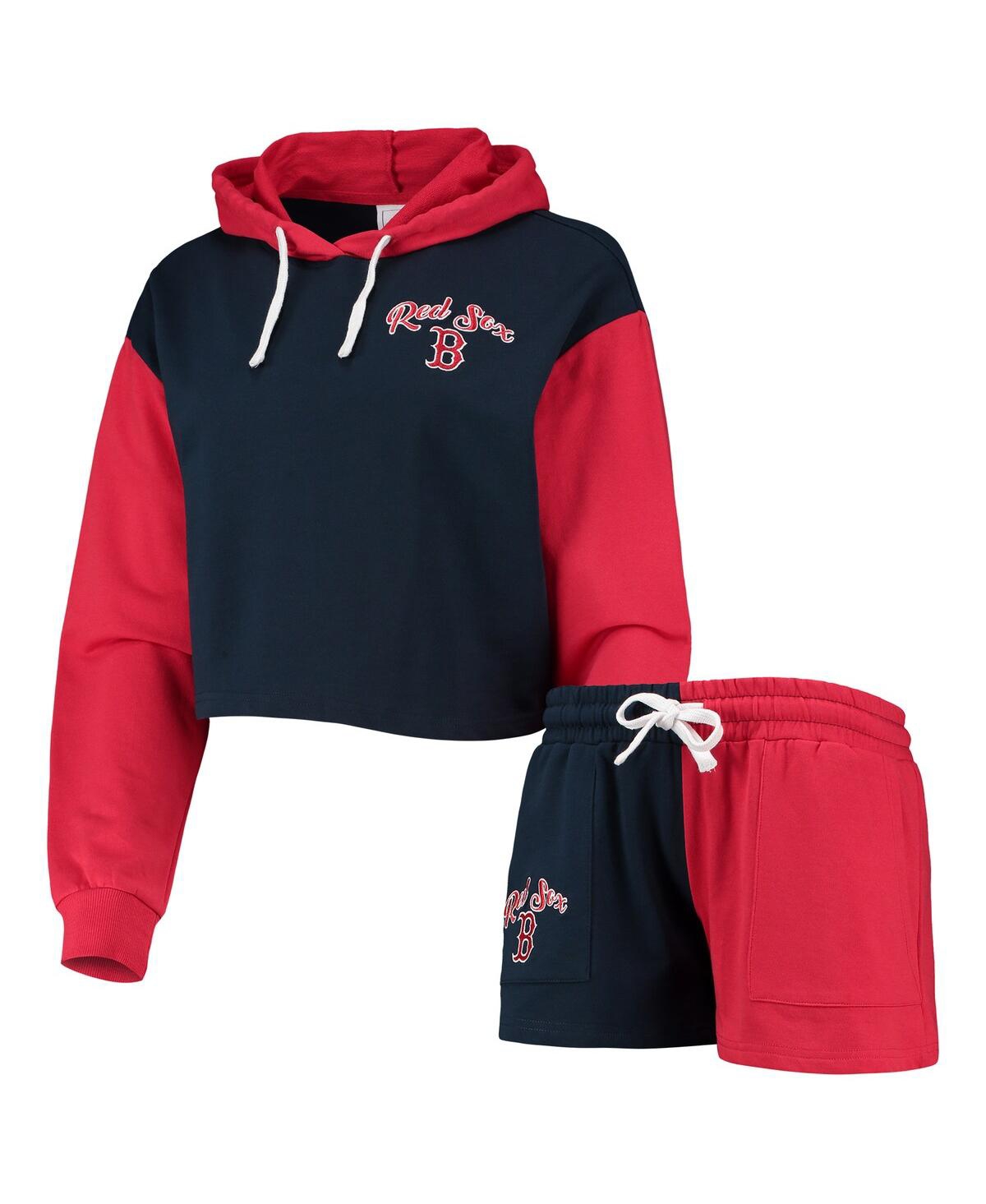 FOCO WOMEN'S FOCO NAVY, RED BOSTON RED SOX COLOR-BLOCK PULLOVER HOODIE AND SHORTS LOUNGE SET