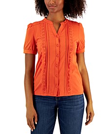 Petite Eyelet-Trim Button-Front Top, Created for Macy's 