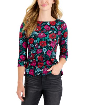 Charter Club - Petite Cotton Baroque-Floral-Print Boat-Neck Top