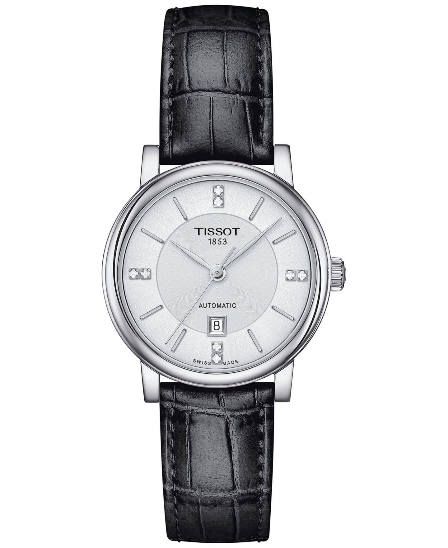 Женские часы Tissot Swiss Automatic Carson Premium Lady Diamond Accent Black Leather Strap Watch 30mm — фото 1