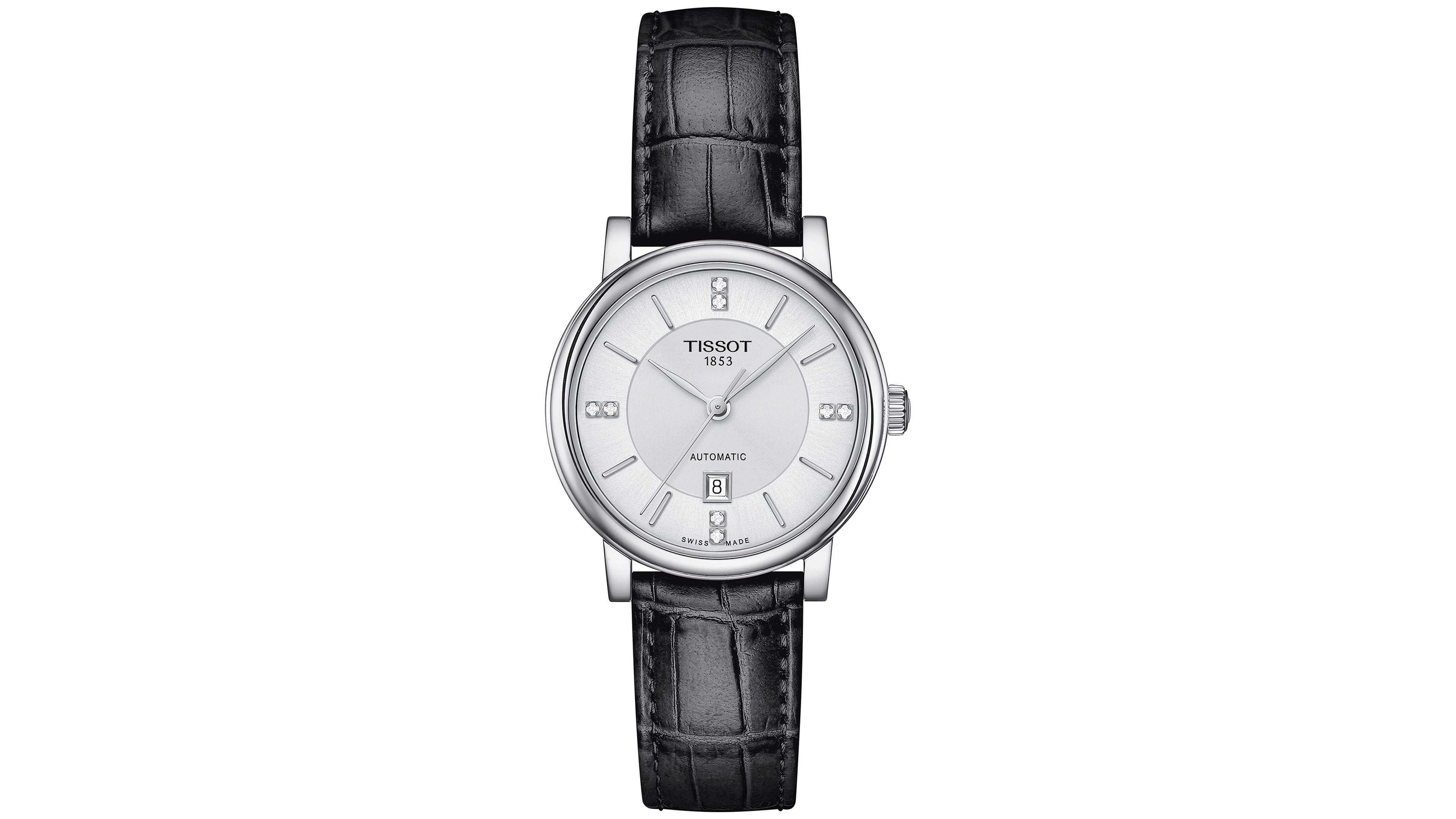 Tissot Women's Swiss Automatic Carson Premium Lady Diamond Accent Black Leather Strap Watch 30mm