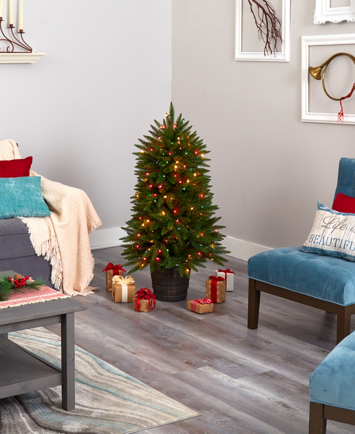 Sierra Fir Artificial Christmas Tree with Lights and Bendable Branches in Decorative Container,