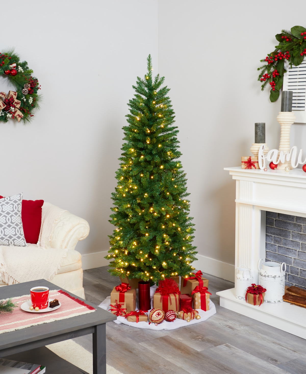 SlimMountain Pine Artificial Christmas Tree with Lights, - Green
