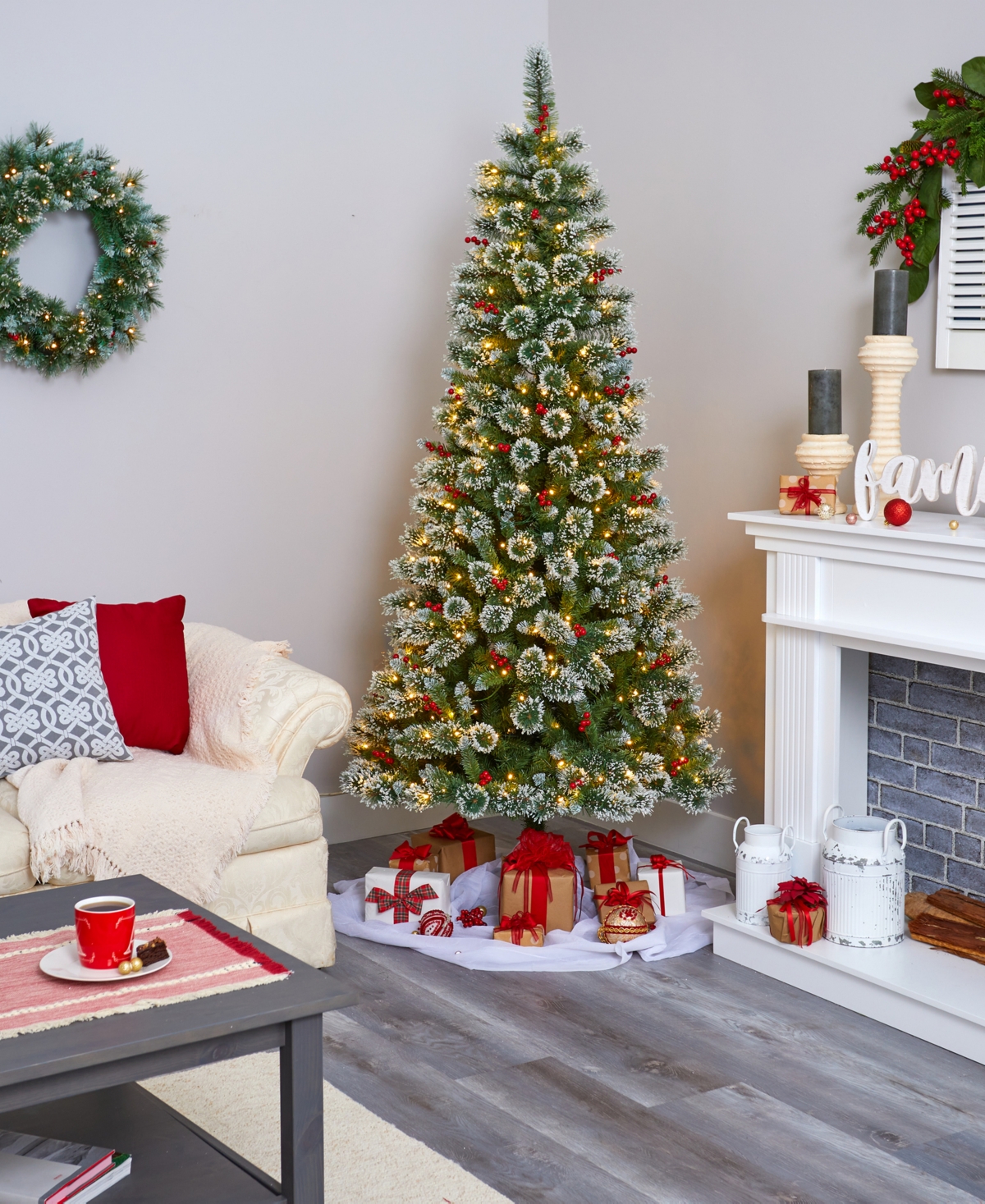 Frosted Swiss Pine Artificial Christmas Tree with Lights and Berries,