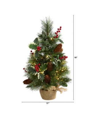 Mixed Pine Artificial Christmas Tree with Holly Berries, Pinecones Lights and Burlap Base, 18"