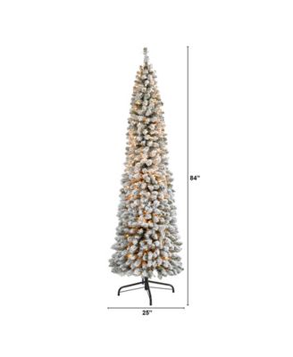 Flocked Pencil Artificial Christmas Tree with Lights and Bendable Branches, 84"