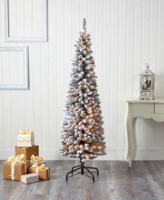 Flocked Pencil Artificial Christmas Tree with Lights and Bendable Branches, 72"