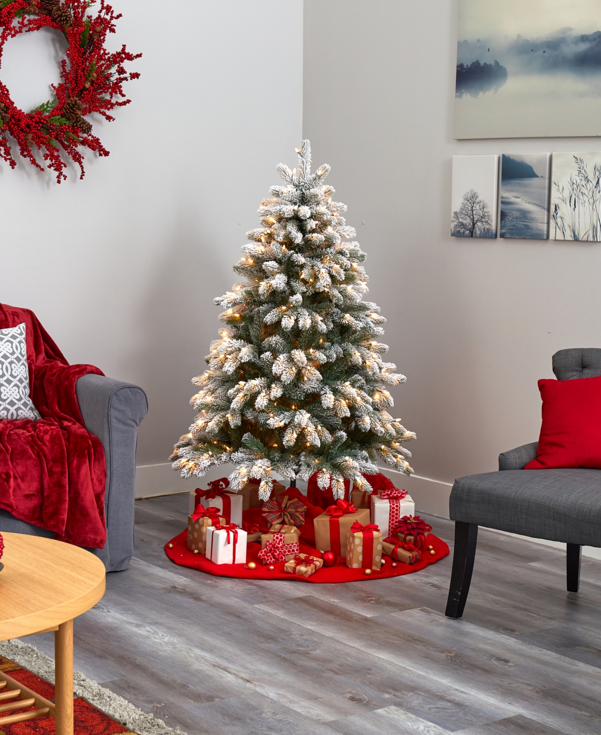 Flocked South Carolina Spruce Artificial Christmas Tree with Lights and Bendable Branches,