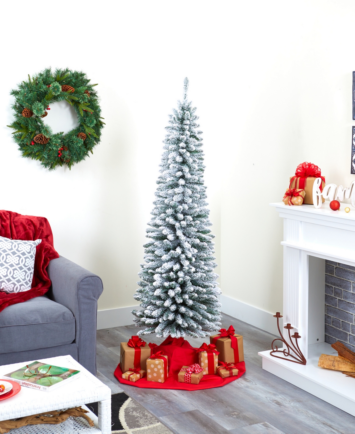 Flocked Pencil Artificial Christmas Tree with 438 Bendable Branches,