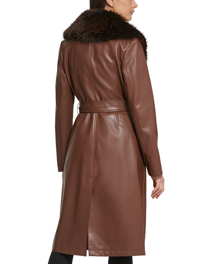 Kenneth Cole Women's Faux-Fur-Trim Faux-Leather Coat - Macy's