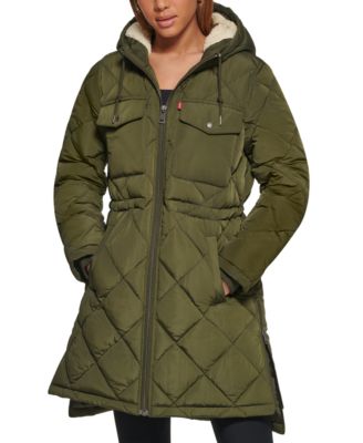 Levi's Women's Hooded Anorak Puffer Coat - Army Green - Size XL