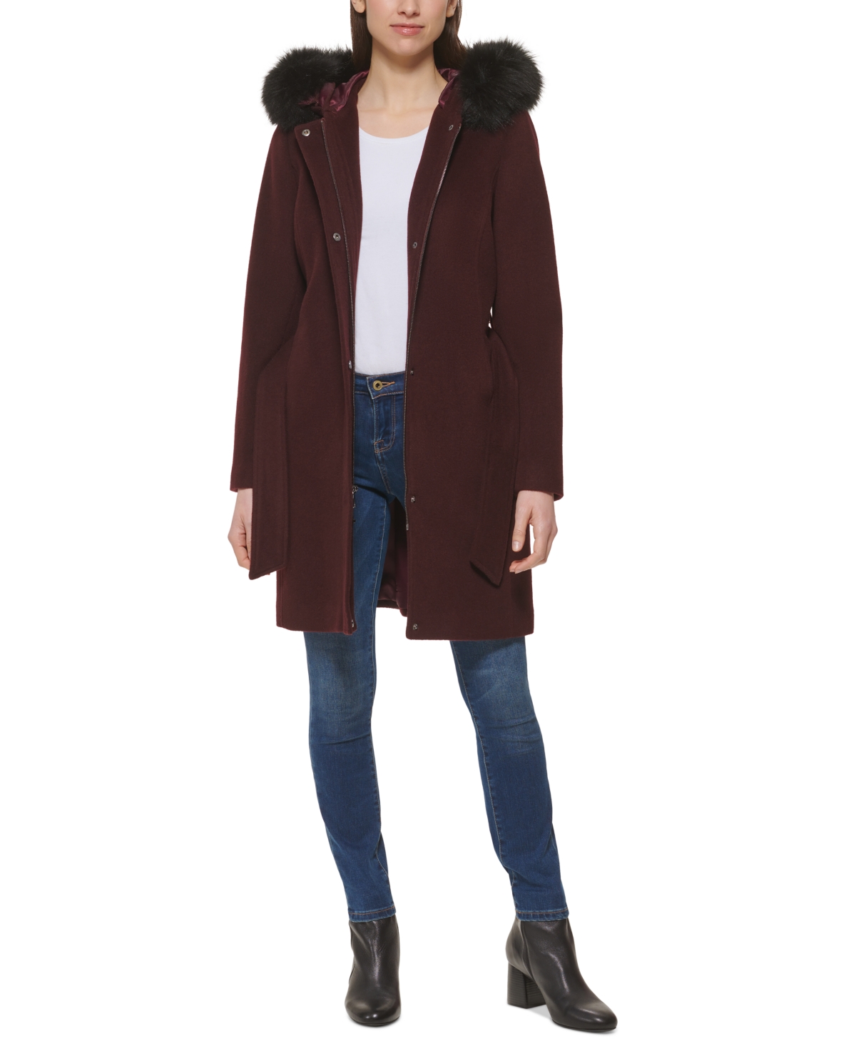 Cole haan belted faux fur hood coat deals