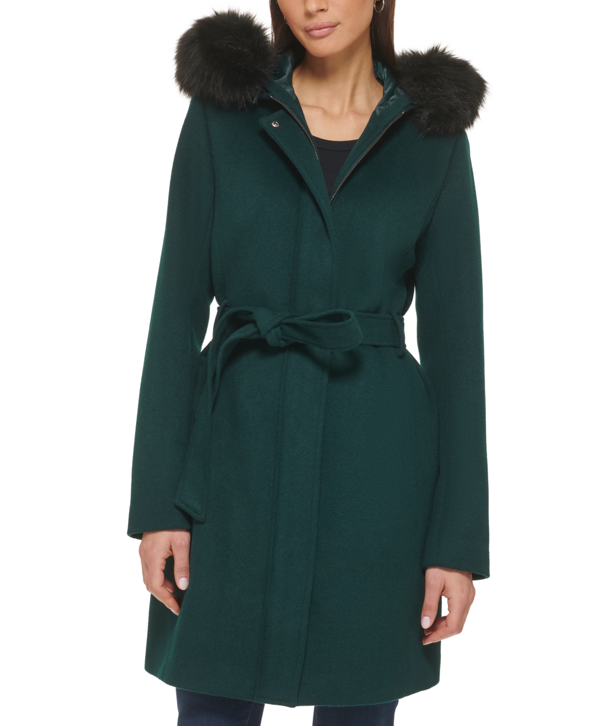 Cole Haan Women s Belted Faux Fur Trim Hooded Coat Smart Closet