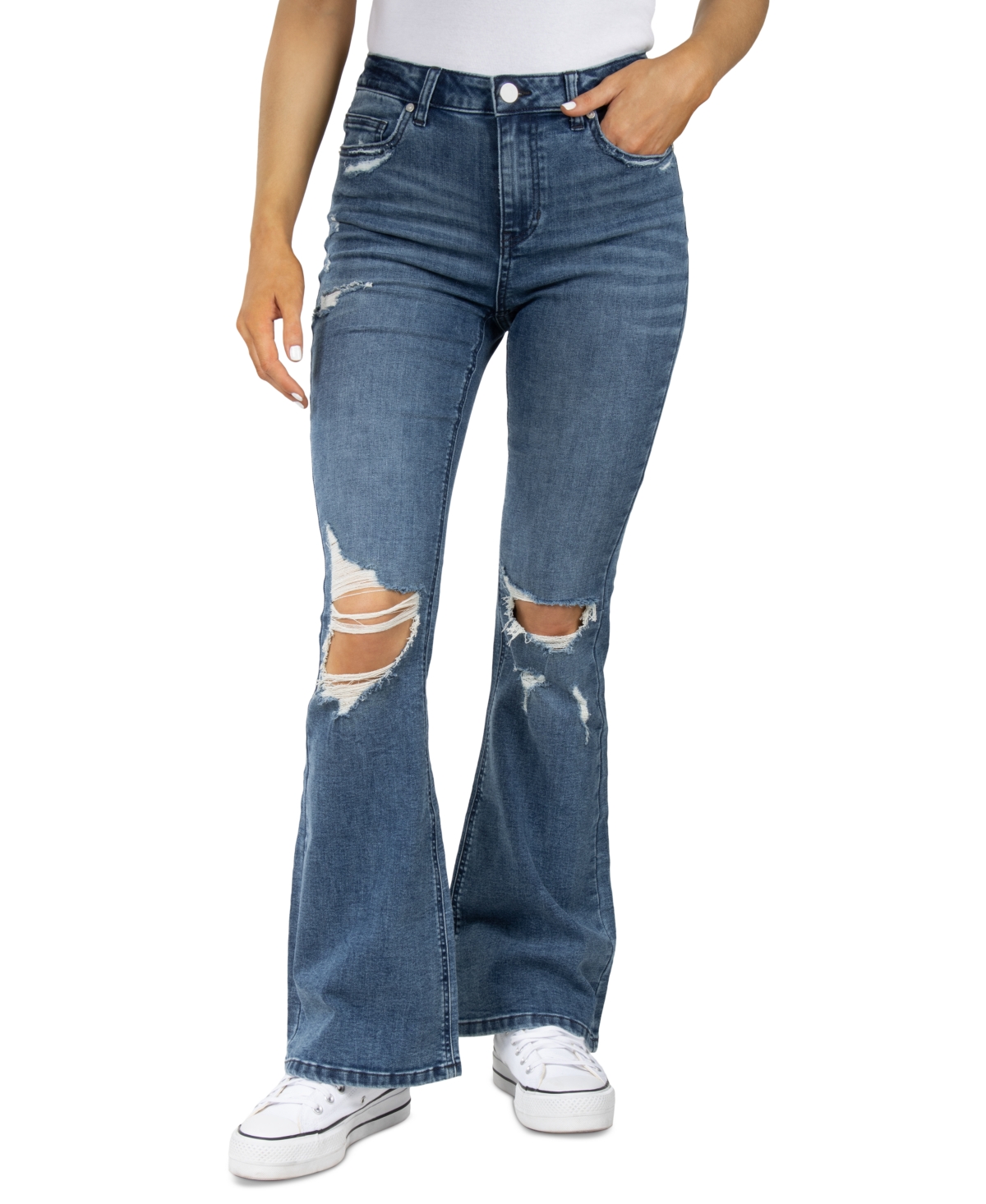  Indigo Rein Juniors' High-Rise Distressed Flare Jeans