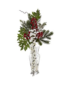 Wisteria, Iced Pine and Berries Artificial Arrangement in Glass Vase, 25"
