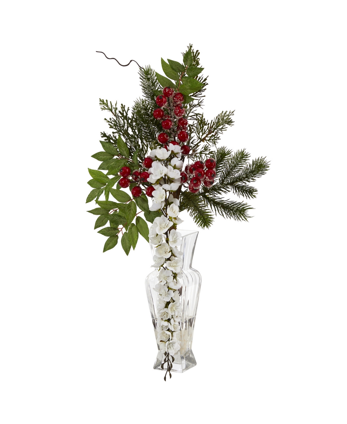 Wisteria, Iced Pine and Berries Artificial Arrangement in Glass Vase, 25" - Red, Green