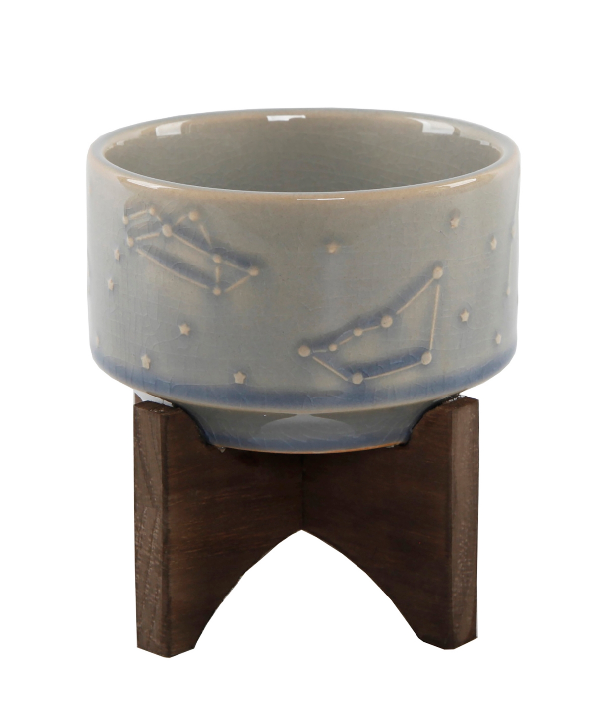Constellation Ceramic Planter Pot on Wood Stand, 4.25" - Glass Blue