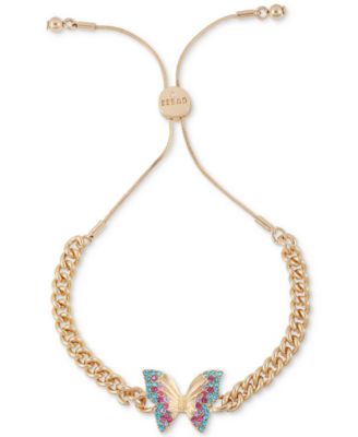 GUESS - Gold-Tone Multicolor Pav&eacute; Butterfly Chain Link Slider Bracelet