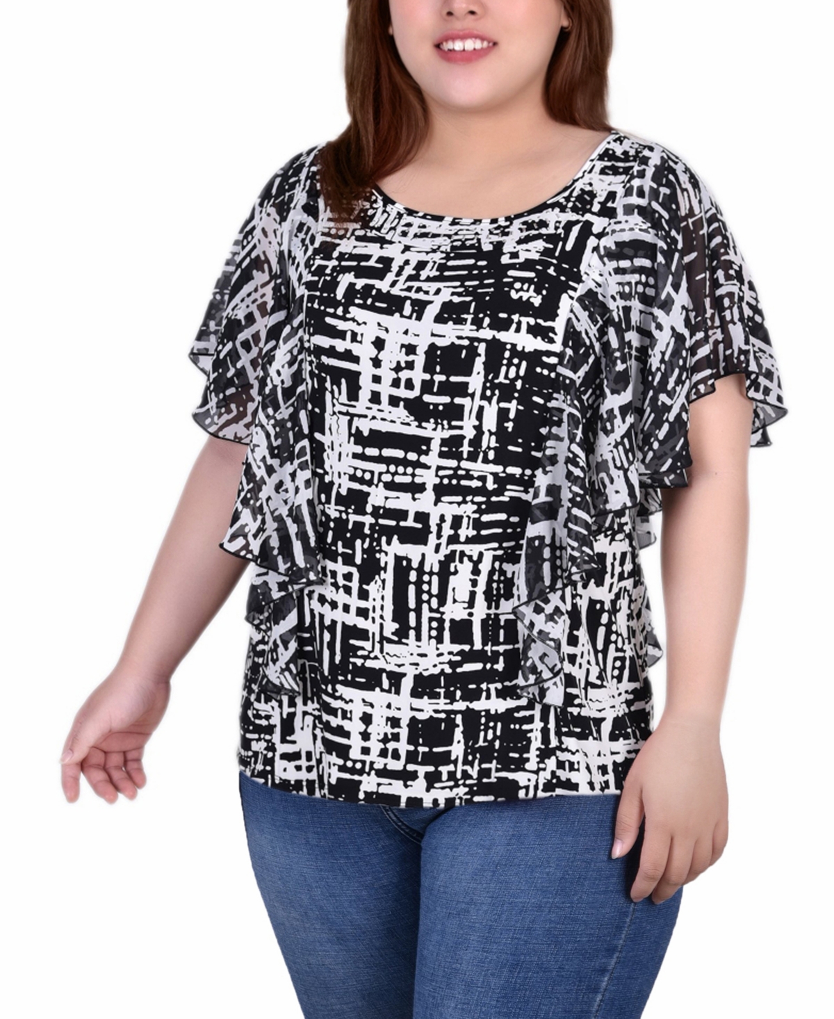 NY COLLECTION PLUS SIZE CHIFFON SLEEVE PONCHO WITH STUDDED NECKLINE TOP