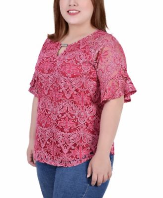 Plus Size Short Bell Sleeve Lace Blouse