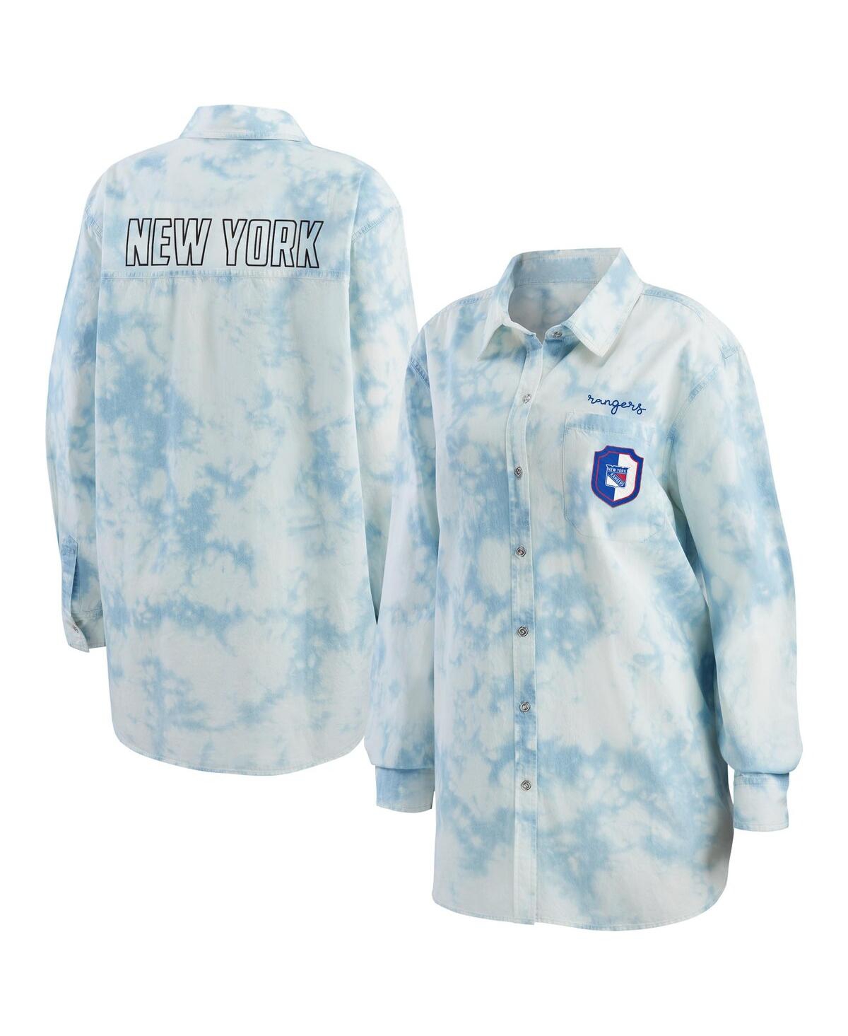 Shop Wear By Erin Andrews Women's  White New York Rangers Oversized Tie-dye Button-up Denim Shirt