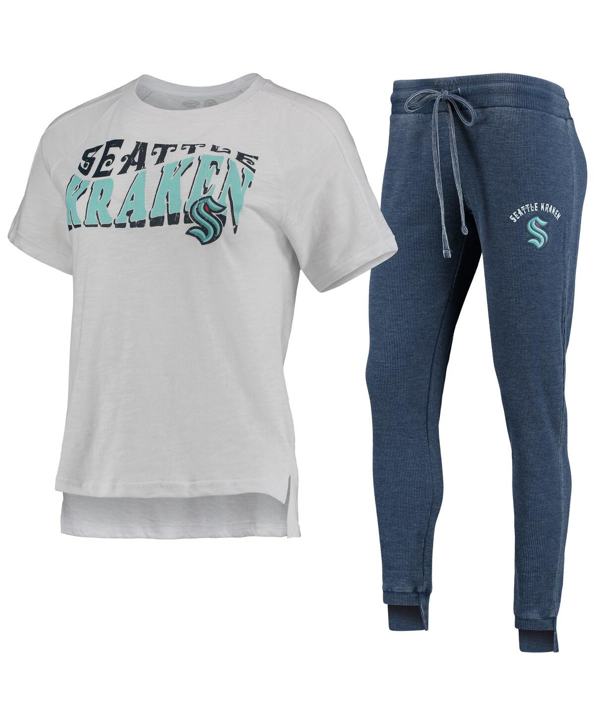 Women's Concepts Sport Deep Sea Blue, White Seattle Kraken Resurgence Slub Burnout Raglan T-shirt and Joggers Sleep Set - Deep Sea Blue, White
